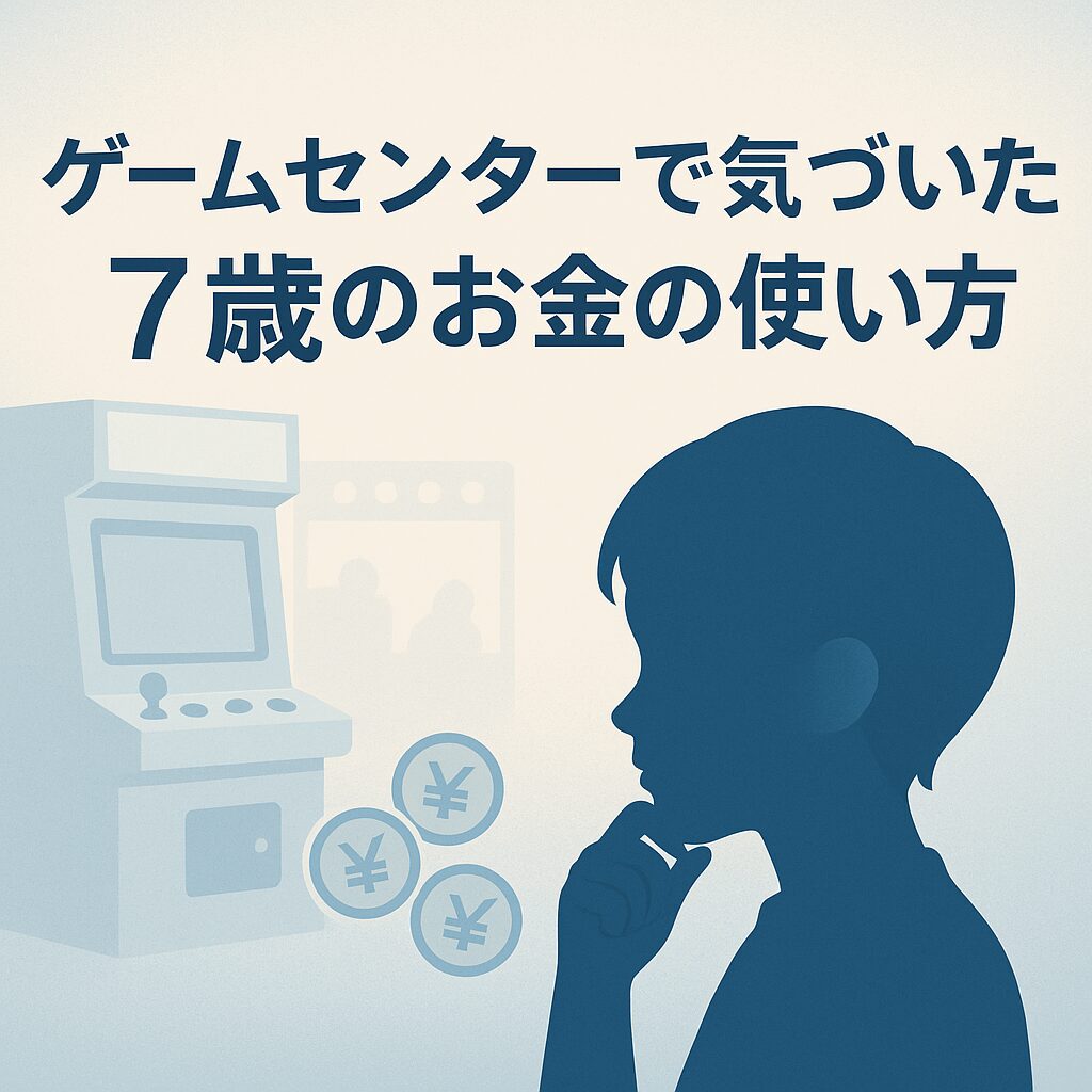 ゲームセンターで、子供がお金と悩んでいるイラスト
