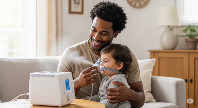 子供、吸入器、親と一緒、使用