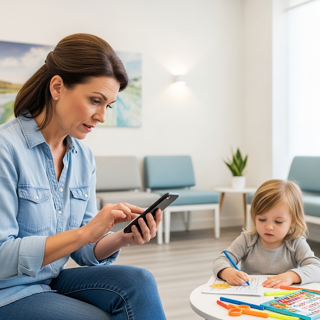 小児科で、子供と、母親が移っていて、母親がスマホで、何かしている様子