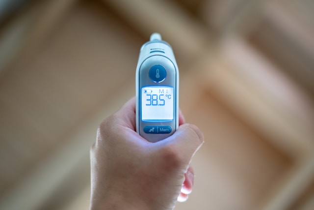 体温計で、３８．５℃と表記がされている画像