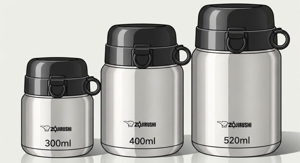 スープジャーの300ｍｌ、400ｍｌ、520ｍｌ、比較イラスト
