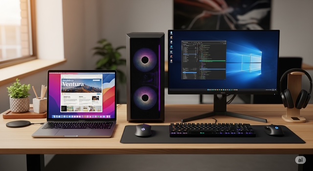 Macbookと、WindowsPCがデスクの上に並べられているイラスト