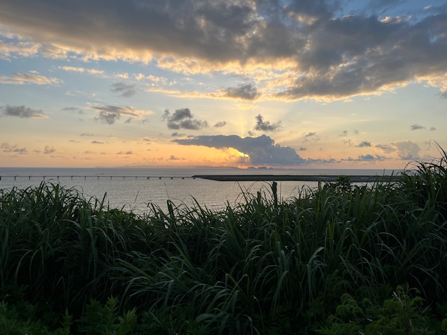 海辺の夕日の写真。