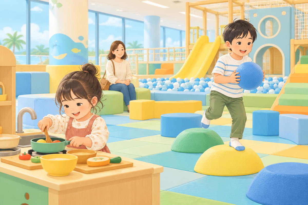5歳と9歳の子どもが室内遊び場で遊ぶイメージイラスト